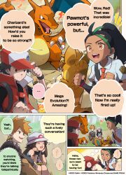 Rule 34 | ..., 2boys, 2girls, absurdres, baseball cap, black hair, blue oak, brown hair, charizard, clenched hands, closed eyes, comic, commentary, creatures (company), english commentary, english text, fangs, fire, game freak, gen 1 pokemon, genzou (me genzo), hat, highres, leaf (pokemon), looking at another, multicolored hair, multiple boys, multiple girls, naranja academy school uniform, nemona (pokemon), nintendo, official alternate costume, official art, open mouth, pawmot, pokemon, pokemon (creature), pokemon frlg, pokemon hgss, pokemon masters ex, pokemon sv, ponytail, red (pokemon), red (sygna suit) (pokemon), school uniform, smile, speech bubble, sweat, two-tone hair