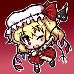 Rule 34 | 1girl, blonde hair, blush, chibi, dress, embodiment of scarlet devil, eruru (erl), fang, female focus, flandre scarlet, full body, gradient background, hat, laevatein, one eye closed, open mouth, red dress, red eyes, side ponytail, smile, solo, touhou, wings, wink