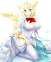 Rule 34 | 1girl, absurdres, ahoge, animal ears, blonde hair, blue eyes, blush, bow, bowtie, breasts, cleavage, commentary request, covered erect nipples, dress, fox ears, fox tail, gloves, hair between eyes, hair intakes, highres, huge breasts, juliet sleeves, kneeling, long dress, long sleeves, looking at viewer, minarai tenna, original, puffy sleeves, red bow, red bowtie, skirt hold, smile, solo, tail, thighhighs, white dress, white gloves, white thighhighs