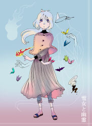 Rule 34 | 1boy, 1girl, :&lt;, text background, blue background, commentary request, dress, fire, ghost, gradient background, grey dress, highres, holding, matsuura daruma, origami, original, pants, pink eyes, ponytail, sandals, see-through, shawl, sidelocks, silhouette, socks, standing, sweater, tagme, white hair, white socks