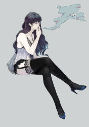 Rule 34 | 1girl, absurdres, bare shoulders, black hair, black nails, black thighhighs, blue footwear, cigarette, closed eyes, fingernails, grey background, hakoito, high heels, highres, holding, holding cigarette, invisible chair, lingerie, long hair, nail polish, navel, original, see-through, simple background, sitting, smoke, smoking, solo, thighhighs, underwear