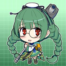 Rule 34 | 1girl, backpack, bag, blush, braid, chibi, dress, eruru (erl), glasses, gradient background, green-framed eyewear, green background, green dress, green hair, hairband, highres, holding, long hair, long sleeves, ole tower, open mouth, outline, red eyes, smile, socket wrench, socket wrench (ole tower), socket wrench m36 (ole tower), solo, twin braids