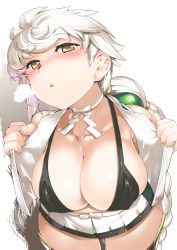 Rule 34 | 10s, 1girl, asymmetrical hair, bare shoulders, blush, braid, breasts, clothes pull, cloud print, collarbone, covered erect nipples, crop top, from above, jitome, kantai collection, large breasts, lips, looking at viewer, miniskirt, mr.lostman, open clothes, puffy nipples, revealing clothes, shiny skin, shirt pull, silver hair, single braid, skirt, solo, thigh gap, thighhighs, unryuu (kancolle), wavy hair, yellow eyes