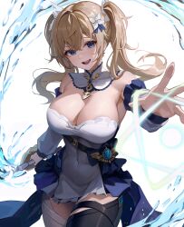 Rule 34 | 1girl, alternate breast size, armpits, asymmetrical legwear, barbara (genshin impact), bare shoulders, black thighhighs, blonde hair, blue eyes, breasts, cleavage, covered navel, cowboy shot, detached collar, detached sleeves, dress, flower, genshin impact, hair flower, hair ornament, highres, holding, holding sword, holding weapon, large breasts, long hair, long sleeves, looking at viewer, mismatched legwear, open mouth, outstretched arm, re0n, short dress, smile, solo, standing, strapless, strapless dress, sword, thighhighs, twintails, vision (genshin impact), water, weapon, white dress, white thighhighs, zettai ryouiki