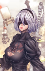Rule 34 | 1girl, blindfold, blurry, breasts, cleavage, cleavage cutout, clothing cutout, depth of field, hairband, lips, medium breasts, mole, mole under mouth, nier (series), nier:automata, parted lips, pod (nier:automata), upper body, weapon, weapon on back, white hair, 2b (nier:automata), zucchini