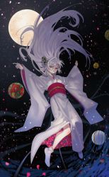 Rule 34 | 1girl, aqua eyes, arutera, ball, bell, dark, floating hair, full moon, gradient background, hair bell, hair ornament, highres, japanese clothes, kimono, long hair, moon, obi, outstretched arms, petals, sash, silver hair, solo, spread arms, tabi, very long hair, wide sleeves