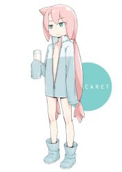Rule 34 | &gt;:(, 1girl, bad id, bad twitter id, blue eyes, blue footwear, blush, boots, character name, child, cup, dress, drinking glass, flat chest, frown, full body, glass, highres, holding, holding cup, holding drinking glass, long hair, long sleeves, looking afar, low tied hair, milk, multi-tied hair, navel, nucomas, open clothes, open dress, original, oversized clothes, pink hair, simple background, solo, standing, v-shaped eyebrows, very long hair, white background