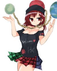 Rule 34 | 1girl, bare shoulders, black shirt, breasts, chain, cleavage, closed mouth, cowboy shot, earth (ornament), golgi hon, hands up, heart, hecatia lapislazuli, highres, looking at viewer, medium breasts, miniskirt, moon (ornament), multicolored clothes, multicolored skirt, pleated skirt, red eyes, red hair, shirt, short sleeves, simple background, skirt, solo, t-shirt, touhou, white background