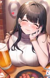 Rule 34 | 1girl, alcohol, beer, black hair, blunt bangs, blush, breasts, closed eyes, coat, cup, drinking glass, earrings, food, hand on own face, highres, jewelry, large breasts, looking at viewer, mole, mole under mouth, monoto, nail polish, off shoulder, open clothes, open coat, original, pink lips, plate, red nails, sleeveless, sleeveless turtleneck, solo, sparkle, sweater, table, turtleneck, turtleneck sweater, upper body, watch