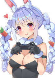 Rule 34 | 1girl, :p, absurdres, alternate breast size, animal ear fluff, animal ears, arm strap, bare shoulders, black gloves, black leotard, blue hair, blush, braid, breasts, carrot hair ornament, chai mao, commentary request, controller, cutout above navel, extra ears, food-themed hair ornament, fur-trimmed gloves, fur scarf, fur trim, game controller, gloves, hair ornament, highres, holding, holding controller, holding game controller, hololive, leotard, long hair, looking at viewer, medium breasts, playboy bunny, rabbit ears, red eyes, scarf, short eyebrows, simple background, solo, strapless, strapless leotard, swept bangs, thick eyebrows, tongue, tongue out, twin braids, twintails, upper body, usada pekora, usada pekora (1st costume), virtual youtuber, white background, white scarf