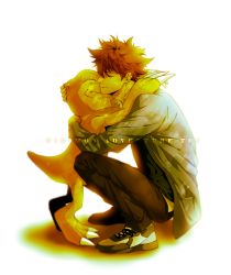 Rule 34 | 10s, 1boy, agumon, black shirt, brown footwear, claws, closed mouth, copyright name, creature, digimon, digimon (creature), digimon adventure tri., closed eyes, from side, grey jacket, hug, jacket, long sleeves, mmma, open clothes, open jacket, profile, red hair, shirt, shoes, simple background, sitting, smile, sneakers, white background, white footwear, yagami taichi