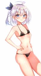 Rule 34 | 1girl, ahoge, bad id, bad pixiv id, bikini, black bikini, black ribbon, blue eyes, blush, breasts, closed mouth, commentary request, dutch angle, groin, hair between eyes, hair ribbon, hands on own hips, highres, looking at viewer, minatoasu, navel, one side up, original, ribbon, short hair, silver hair, simple background, skindentation, small breasts, smile, solo, swimsuit, white background