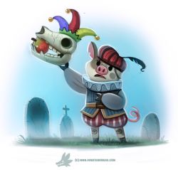 Rule 34 | animal, apple, arm up, bell, belt, belt buckle, black eyes, blue feathers, blue sky, blue vest, buckle, clothed animal, cryptid creations, day, feathers, field, food, fruit, full body, grass, graveyard, hamlet, hat, hat feather, holding, holding skull, jester cap, jingle bell, long sleeves, mouth hold, no humans, original, pig, plant, red hat, shorts, skull, sky, striped, teeth, tombstone, vertical stripes, vest, watermark, web address