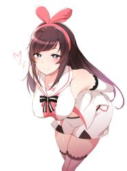 1girl, arms behind back, bad id, bad pixiv id, bare shoulders, black eyes, blush, bow, breasts, brown hair, hairband, heart, heart-shaped pupils, kizuna ai, kizuna ai inc., large breasts, leaning forward, long hair, looking at viewer, pocari sweat (artist), smile, solo, standing, symbol-shaped pupils, thighhighs, virtual youtuber, zettai ryouiki