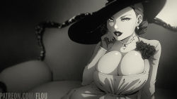 Rule 34 | 1girl, alcina dimitrescu, black hair, breasts, capcom, dress, flou (flou art), flower, gloves, highres, jewelry, large breasts, large hat, looking at viewer, necklace, pale skin, parted lips, resident evil, resident evil village, short hair, sitting, solo, white dress