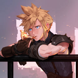 Rule 34 | 1boy, artist name, blonde hair, blue eyes, brown gloves, cloud strife, commentary request, eating, final fantasy, final fantasy vii, final fantasy vii remake, food, gloves, grey background, highres, holding, holding food, holding pizza, jiro (ninetysix), male focus, muscular, pizza, railing, shirt, short hair, shoulder plates, single bare shoulder, sleeveless, sleeveless turtleneck, solo, spiked hair, striped clothes, striped shirt, turtleneck, twitter username, upper body, white background