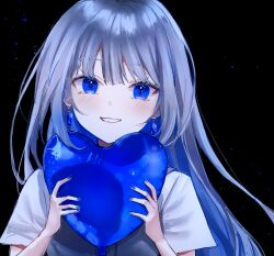 Rule 34 | 1girl, akebisousaku, balloon, black background, blue eyes, blue hair, blush, colored inner hair, commentary, earrings, grey hair, grin, heart balloon, highres, holding, holding balloon, jewelry, looking at viewer, multicolored hair, nail polish, original, short sleeves, smile, solo, symbol-only commentary, upper body