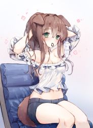 Rule 34 | 1girl, absurdres, animal ears, arms up, blue shorts, blush, breasts, brown hair, cleavage, closed mouth, commentary, dog ears, dog girl, dog tail, feet out of frame, gradient background, green eyes, grey background, hair between eyes, hair tie, hair tie in mouth, hands in hair, highres, long hair, medium breasts, midriff, mouth hold, navel, off-shoulder shirt, off shoulder, original, ponytail, puffy short sleeves, puffy sleeves, shirt, short shorts, short sleeves, shorts, sitting, solo, symbol-only commentary, tail, tandohark, tying hair, white background, white shirt