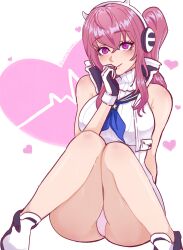 Rule 34 | 1girl, animal ear headphones, animal ears, bare shoulders, blush, breasts, bumblingbubble, closed mouth, cropped jacket, fake animal ears, gloves, goddess of victory: nikke, headphones, heart, highres, jacket, knees together feet apart, looking at viewer, medium breasts, panties, pantyshot, pepper (nikke), pink eyes, pink hair, ribbed sweater, sailor collar, short hair with long locks, side ponytail, sitting, sleeveless, solo, sweat, sweater, thighs, turtleneck, turtleneck sweater, underwear, white gloves, white jacket, white panties, white sweater
