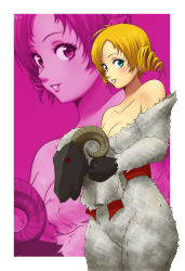 Rule 34 | 1girl, animal costume, atlus, bare shoulders, blonde hair, blue eyes, blush, breasts, catherine, catherine (game), costume, drill hair, large breasts, murata isshin, off shoulder, sheep costume, sweat, zoom layer