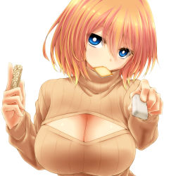 Rule 34 | 1girl, blonde hair, blue eyes, breasts, bright pupils, chocolate, cleavage, cleavage cutout, clothing cutout, eyebrows, eyelashes, feeding, food, food in mouth, hair between eyes, head tilt, highres, holding, holding food, incoming food, large breasts, long sleeves, looking at viewer, meme attire, mouth hold, open-chest sweater, orange hair, original, pov feeding, ribbed sweater, setana, short hair, simple background, solo, sweater, sweets, turtleneck, upper body, valentine, watarui, white background, white chocolate
