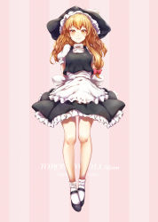 Rule 34 | 1girl, apron, black footwear, black hat, black skirt, black vest, blonde hair, blush, bow, closed mouth, frilled apron, frilled skirt, frills, from below, full body, hair bow, hat, highres, kirisame marisa, lips, long hair, looking at viewer, looking down, mary janes, mayonaka taruho, medium skirt, orange eyes, pink background, pink bow, puffy short sleeves, puffy sleeves, shirt, shoes, short sleeves, single sidelock, skirt, smile, socks, solo, striped, striped background, touhou, two-tone background, vertical stripes, vest, waist apron, white apron, white shirt, white socks, witch hat