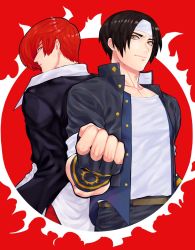 Rule 34 | 2boys, back-to-back, black hair, brown eyes, brown hair, clenched hands, fingerless gloves, gakuran, gloves, hair over one eye, hands in pockets, headband, highres, juu satoshi, kusanagi kyou, male focus, multiple boys, parted hair, red background, red hair, school uniform, smile, the king of fighters, yagami iori