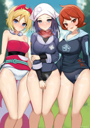 Rule 34 | 3girls, :d, akari (pokemon), arezu (pokemon), arm under breasts, black one-piece swimsuit, blonde hair, blue eyes, blue hair, blue one-piece swimsuit, blue shirt, blue sky, blush, breasts, breath, censored, closed mouth, creatures (company), dark blue hair, day, game freak, grass, grey eyes, hair ornament, head scarf, highres, holding own arm, irida (pokemon), jewelry, large breasts, long hair, long sleeves, looking at viewer, medium breasts, mosaic censoring, multiple girls, nassss, neck ring, nintendo, no pants, one-piece swimsuit, open mouth, pokemon, pokemon legends: arceus, red eyes, red hair, red scarf, red shirt, scarf, shirt, short hair, side-by-side, sky, sleeveless, sleeveless shirt, smile, standing, swimsuit, swimsuit under clothes, thigh gap, thighs, tree, white headwear, white one-piece swimsuit