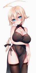 Rule 34 | 1girl, ahoge, arm under breasts, black dress, black thighhighs, blazblue, blonde hair, blue eyes, bow, braid, breast hold, breasts, china dress, chinese clothes, cleavage, cleavage cutout, clothing cutout, commentary request, covered navel, cowboy shot, cropped legs, dress, es (xblaze), grey background, hair between eyes, hair bow, head tilt, highres, hime gyo, large breasts, long hair, panties, pelvic curtain, side-tie panties, side slit, simple background, single braid, sketch, solo, thighhighs, underwear, xblaze, xblaze code: embryo
