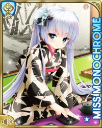 Rule 34 | 1girl, black kimono, blue eyes, blunt bangs, card, character name, closed mouth, day, girlfriend (kari), indoors, japanese clothes, kimono, kneeling, miss monochrome, miss monochrome (character), official art, patterned clothing, qp:flapper, smile, solo, tagme, twintails, white hair, white kimono