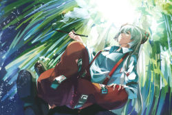 Rule 34 | 1girl, bad id, bad pixiv id, bamboo, bamboo forest, black footwear, bow, closed mouth, collared shirt, crossed ankles, dress shirt, forest, from below, fujiwara no mokou, hair between eyes, hair bow, holding, holding smoking pipe, kiseru, long hair, long sleeves, mk2, nature, ofuda, outdoors, pants, red eyes, red pants, shade, shirt, shoes, silver hair, sitting, smile, smoke, smoking pipe, solo, suspenders, touhou, tree shade, very long hair, white shirt