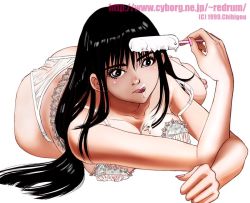 Rule 34 | 1girl, ass, black eyes, black hair, bra, breast press, breasts, chibigou, female focus, food, large breasts, lying, nail polish, on stomach, panties, popsicle, sexually suggestive, solo, tongue, underwear, underwear only, white background