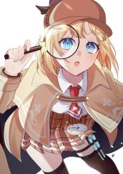 Rule 34 | 1girl, absurdres, blonde hair, blue eyes, breasts, brown coat, brown headwear, brown thighhighs, coat, collared shirt, deerstalker, hair ornament, hat, highres, holding, holding magnifying glass, hololive, hololive english, looking at viewer, magnifying glass, medium breasts, medium hair, midnight 0232, necktie, open mouth, red necktie, shirt, syringe, thigh strap, thighhighs, virtual youtuber, watson amelia, watson amelia (1st costume), white background, white shirt