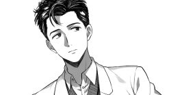 Rule 34 | 1boy, asada hachi, black hair, cardigan, closed mouth, collared shirt, commentary request, doubutsu no oishasan, formal, grey background, greyscale, jacket, looking to the side, male focus, monochrome, nishine masaki, shirt, short hair, solo, suit