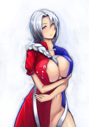 Rule 34 | 1girl, braid, breast hold, breast rest, breasts, dress, female focus, hair over shoulder, highres, hoshara, huge breasts, large breasts, long hair, looking at viewer, midriff, navel, no bra, no headwear, no panties, open clothes, open dress, puffy sleeves, short sleeves, silver hair, simple background, single braid, smile, solo, touhou, yagokoro eirin