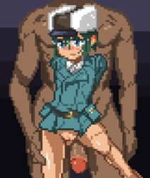 Rule 34 | 00s, arms behind back, blue eyes, bottomless, clothed female nude male, dark skin, dress shirt, formal, green hair, hat, hutamaru, kino (kino no tabi), kino no tabi, lowres, nude, penis, pixel art, pussy, shirt, short hair, size difference, suit, uncensored