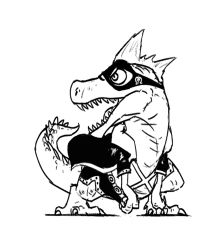 Rule 34 | animal, animal focus, belt, blacknirrow, chibi, claws, clothed animal, dinosaur, domino mask, full body, greyscale, highres, jacket, looking to the side, mask, monochrome, no humans, no shirt, one piece, open clothes, open jacket, open mouth, profile, sharp teeth, short sleeves, shorts, side slit, simple background, sketch, solo, teeth, tyrannosaurus rex, white background, x drake