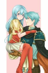 Rule 34 | 1boy, 1girl, aqua hair, armor, black cape, blue eyes, blue hair, blush, boots, brother and sister, brown gloves, cape, carrying, closed mouth, couple, eirika (fire emblem), ephraim (fire emblem), eye contact, fingerless gloves, fire emblem, fire emblem: the sacred stones, gloves, green eyes, green hair, hair between eyes, hetero, incest, knees together feet apart, long hair, looking at another, neck, nintendo, pink background, polearm, princess carry, red gloves, red thighhighs, shimizu akina, short hair, siblings, smile, sweatdrop, thigh boots, thighhighs, twincest, twins, weapon, yellow cape
