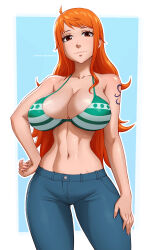 Rule 34 | 1girl, absurdres, breasts, denim, highres, jeans, large breasts, long hair, nami (one piece), one piece, orange hair, pants, solo