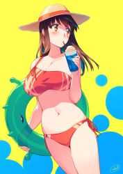 Rule 34 | 1girl, akagi (kancolle), alternate costume, bikini, blew andwhite, blush, breasts, brown eyes, brown hair, cleavage, closed mouth, commentary request, cowboy shot, drink, enemy lifebuoy (kancolle), hair between eyes, hat, highres, holding, kantai collection, large breasts, long hair, navel, red bikini, side-tie bikini bottom, simple background, solo, standing, straight hair, straw hat, swimsuit, thighs