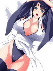 Rule 34 | 1girl, areola slip, arms up, black hair, black leotard, black thighhighs, blue eyes, blush, breasts, cleavage, collarbone, cowboy shot, detached sleeves, female focus, highleg, highleg leotard, iroha (samurai spirits), japanese clothes, large breasts, leotard, leotard under clothes, looking at viewer, maid, maid headdress, maid leotard, nipples, samurai spirits, sash, shiny skin, short hair, smile, snk, solo, tamezou, thigh gap, thighhighs, unconventional maid, wide sleeves