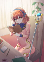 Rule 34 | 1girl, book, chair, commission, curtains, dress, fire emblem, fire emblem echoes: shadows of valentia, genny (fire emblem), tucking hair, highres, holding, holding book, kisara keyy, long sleeves, nintendo, orange eyes, orange hair, pink dress, reading, short hair, sitting, skeb commission, solo, staff, table