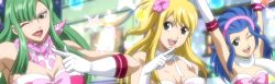 Rule 34 | 3girls, bisca mulan, blonde hair, blue hair, breasts, cleavage, fairy tail, highres, levy mcgarden, long image, lucy heartfilia, multiple girls, screencap, stitched, third-party edit, wide image
