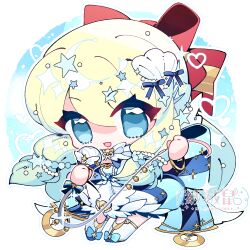 Rule 34 | 1girl, back bow, bangle, blonde hair, blue bow, blue dress, blue eyes, boots, bow, bracelet, chibi, commentary, dress, full body, hair between eyes, hair bow, hair ornament, heart, holding, holding whip, jewelry, large bow, looking at viewer, medium bangs, monzmz, open mouth, ragnarok online, red bow, shell hair ornament, sidelocks, smile, solo, sparkle, star (symbol), star hair ornament, transparent background, trouvere (ragnarok online), two-tone bow, white footwear
