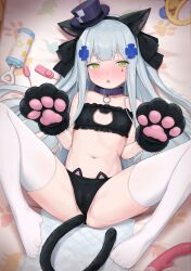Rule 34 | 1girl, absurdres, anal, anal object insertion, anal tail, animal ears, animal hands, black bra, black pants, blue hair, blush, bra, butt plug, cat cutout, cat ears, cat lingerie, cat tail, clothing cutout, collar, commentary, egg vibrator, fake animal ears, fake tail, girls&#039; frontline, gloves, green eyes, hair ornament, hat, highres, hk416 (black kitty&#039;s gift) (girls&#039; frontline), hk416 (girls&#039; frontline), kuro (zhurunbo1997), light blue hair, long hair, looking at viewer, lying, meme attire, mini hat, mini top hat, nose blush, object insertion, on back, panties, pants, parted lips, paw gloves, paws, pee pad, purple collar, purple headwear, rattle, sex toy, solo, spread legs, symbol-only commentary, tail, thighhighs, top hat, underwear, vibrator, white thighhighs