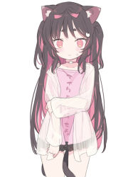 Rule 34 | 1girl, animal ear fluff, animal ears, between legs, black hair, black skirt, blade (galaxist), blush, cat ears, cat girl, cat tail, closed mouth, clothes writing, commentary request, jacket, long hair, looking at viewer, multicolored hair, nekoyama nae, open clothes, open jacket, pink hair, pink shirt, pleated skirt, red eyes, see-through, shirt, short eyebrows, simple background, skirt, sleeves past wrists, solo, standing, sweat, tail, tail between legs, thick eyebrows, toranoana, translation request, two-tone hair, two side up, very long hair, virtual youtuber, white background, white jacket