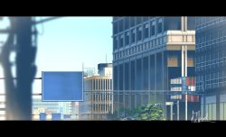 Rule 34 | bad id, bad pixiv id, blue sky, building, city, cityscape, commentary request, hakuurei amano, highres, lamppost, letterboxed, no humans, original, outdoors, road sign, scenery, sign, sky, traffic light, watermark