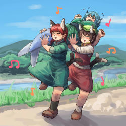 Rule 34 | 3girls, :3, ^ ^, animal ears, beamed quavers, blue eyes, blue hair, braid, brown hair, carrying over shoulder, cat ears, cat tail, chanta (ayatakaoisii), chen, closed eyes, dress, earrings, extra ears, fins, fish tail, flying sweatdrops, green dress, head fins, highres, japanese clothes, jewelry, kaenbyou rin, kimono, mermaid, monster girl, multiple girls, multiple tails, musical note, nekomata, open mouth, quaver, red hair, river, sash, single earring, smile, tail, touhou, twin braids, wakasagihime, walking
