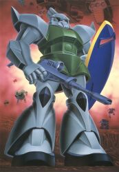Rule 34 | 1970s (style), 1980s (style), army, artist request, asteroid, beam rifle, box art, energy gun, fleet, gelgoog, gundam, highres, mecha, mobile suit, mobile suit gundam, no humans, official art, oldschool, one-eyed, painting (medium), promotional art, retro artstyle, robot, scan, science fiction, shield, space, spacecraft, traditional media, weapon, zeon, zero gravity