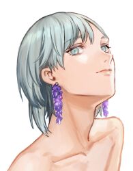 Rule 34 | 1boy, adam&#039;s apple, androgynous, character request, closed mouth, collarbone, earrings, flower, flower earrings, grey eyes, jewelry, kabe piko, looking at viewer, nude, portrait, sideways glance, simple background, smile, solo, uniteup!, white background, wisteria